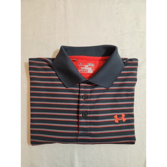 Under Armour Polo Mens Medium Gray Striped HeatGear Golf Athleisure Preppy - Picture 1 of 12